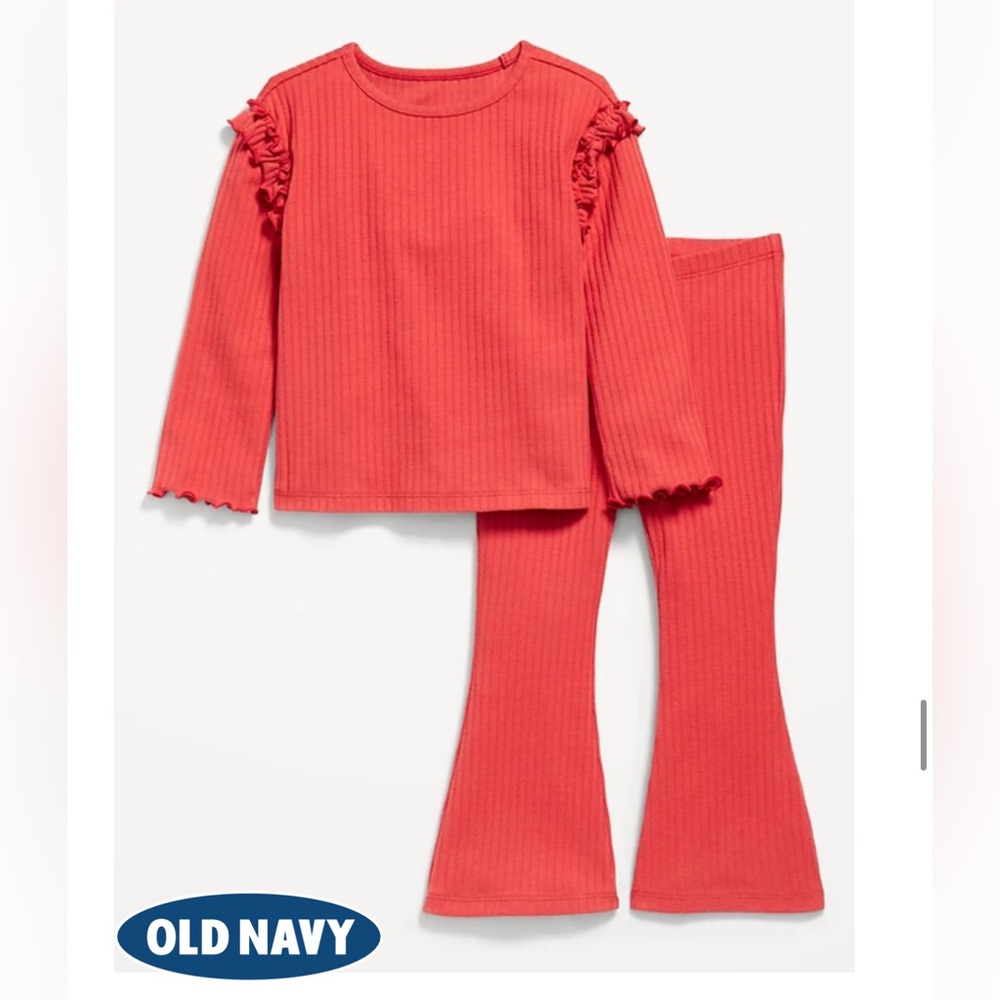 Long Sleeve Ruffle Shoulder Top and Flare Leggings Set in Brick of Time